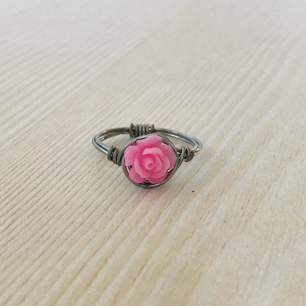 Silver and Pink handmade Rose Wire ring